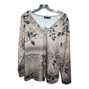NWT JFN Long Sleeve top Size 2X‎ Woman's Leaves Print Black Brownish